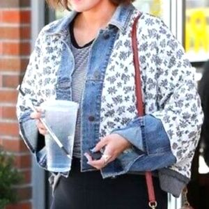 Free People Ditsy Denim Dolman Quilted Distressed Jean Jacket Floral Size M/L